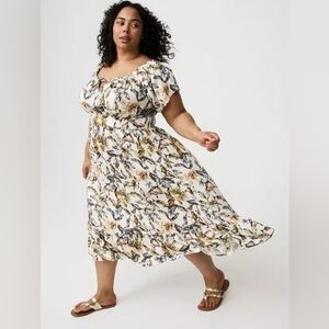 Torrid Chalis Floral Tea Dress Sz 0 0X L/XL Midi Vacation Tropical Resort Cruise